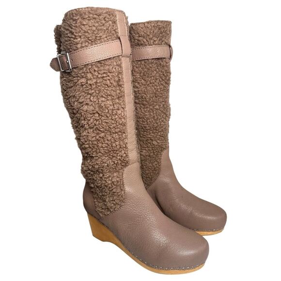 Kelsi Dagger Jagger Taupe Knee High Clog Wood Heel Wedge Round Toe Leather Boot - Picture 16 of 16